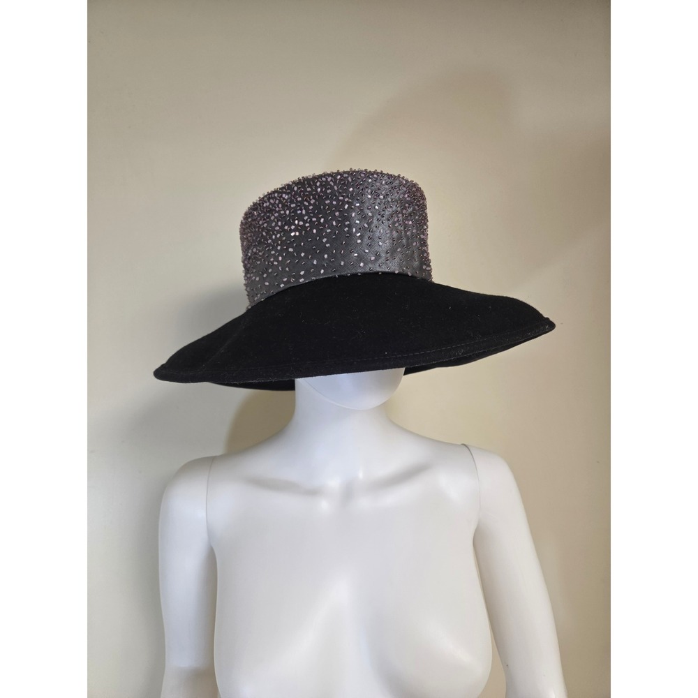 Whittall & Shon Black Wool Felt Wide Brim Hat Silver Beaded Crown Made in USA